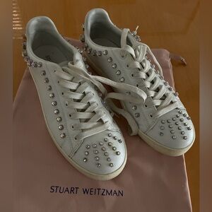 Stuart Weitzman gorgeous White Crystal-Embellished leather Sneakers